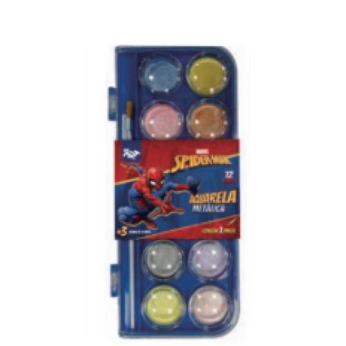 AQUARELA COM PINCÉL 12 CORES METALIZADA HOMEM ARANHA