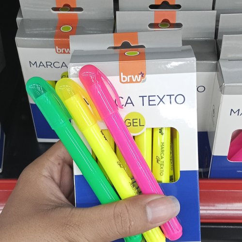 Marca texto gel rosa, amarelo e verde BRW