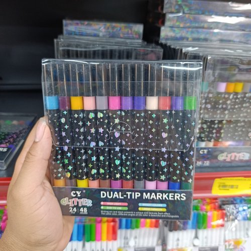 Conjunto 24 canetinhas com glitter pontas duplas 48 cores