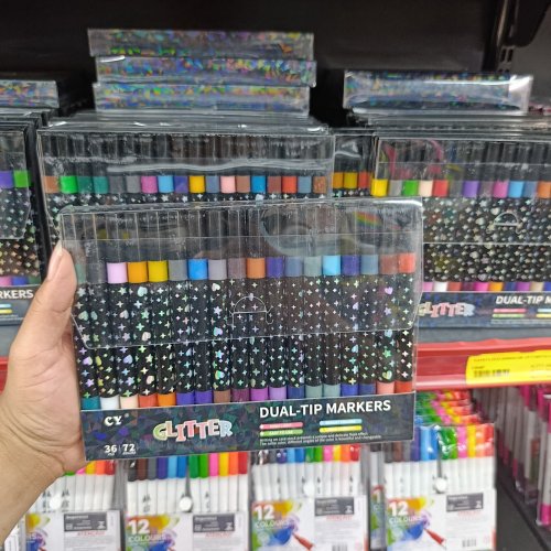 Conjunto 36 canetinhas com glitter pontas dupla72 cores