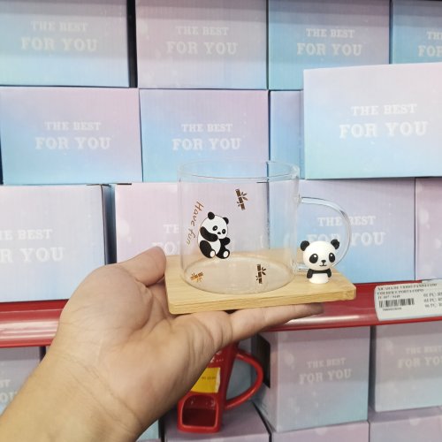 Xícara de vidro panda com colher e porta copo