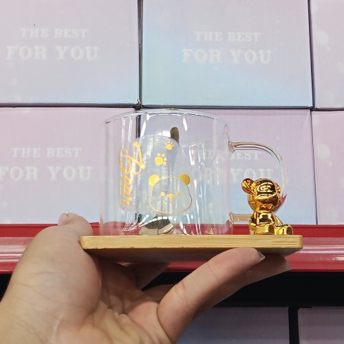 Xícara de vidro com colher e porta copo urso 280ml