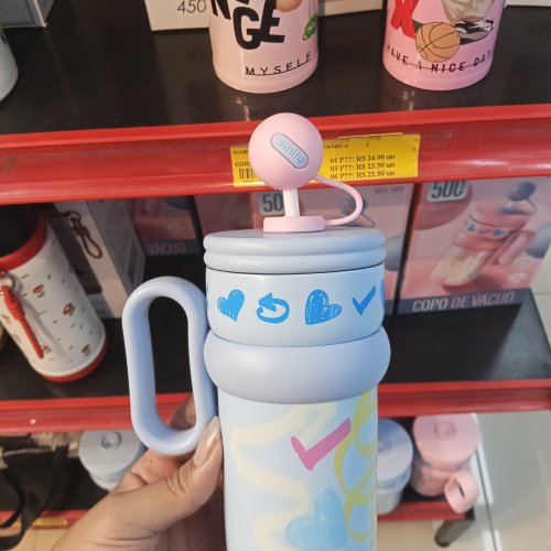Copo garrafa térmica com alça e canudo divertida 500ml